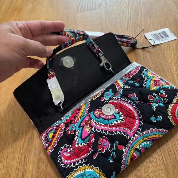 Vera Bradley Black Quilted Crossbody Strap Wallet in Parisian Paisley